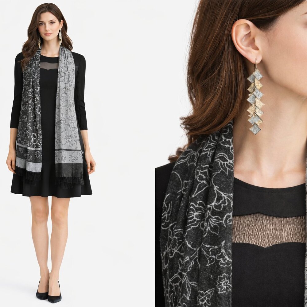 bebe Cocktail Dress Black Mesh Mermaid Hem + Gray Scarf + Long Earrings 3pc Set